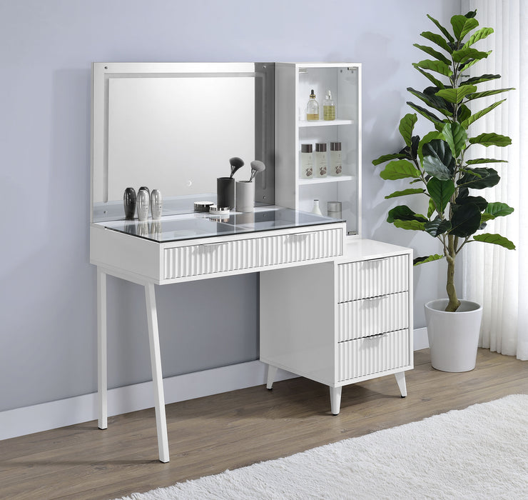 White high gloss Souza makeup vanity table with five drawers and LED mirror, featuring a sleek, modern furniture design.