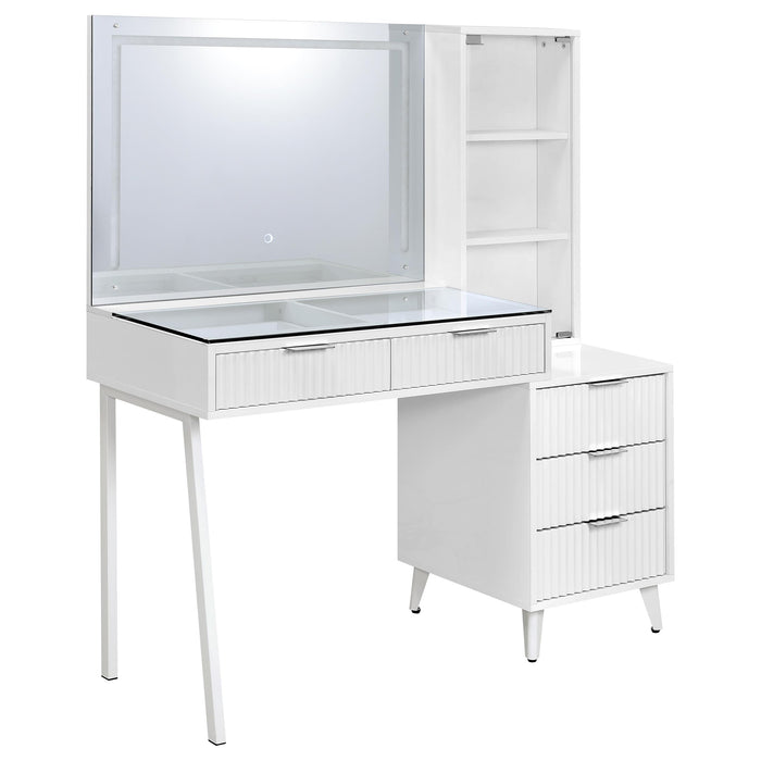 White high gloss Souza makeup vanity table with five drawers and LED mirror, modern furniture from CoasterEveryday