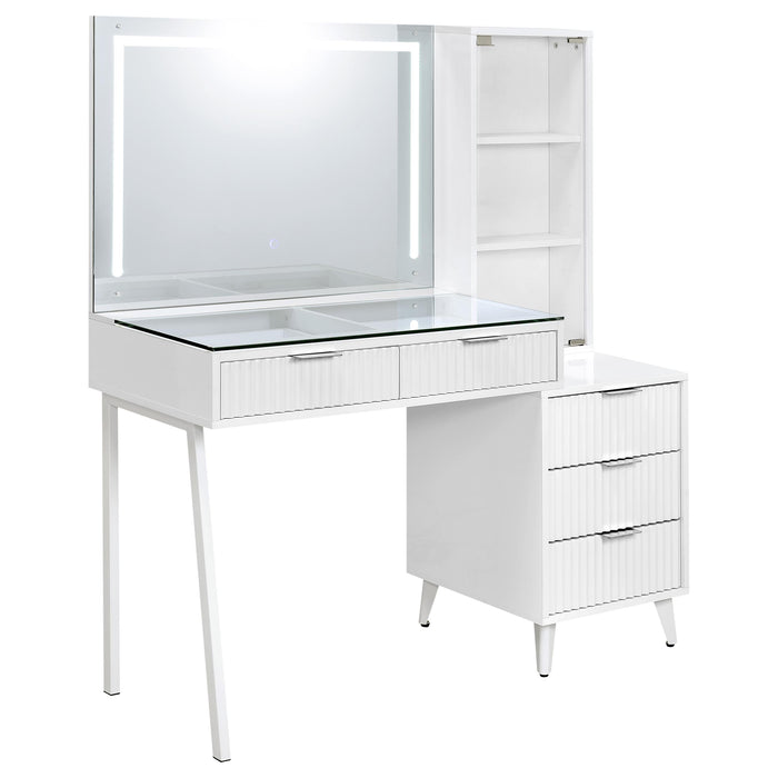 White high gloss Souza makeup vanity table with five drawers and LED mirror, showcasing sleek furniture design with modern style.