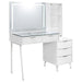 White high gloss Souza makeup vanity table with five drawers and LED mirror, showcasing sleek furniture design with modern style.