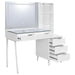 White high gloss Souza 5-drawer makeup vanity table with LED mirror, featuring a sleek, modern furniture design.