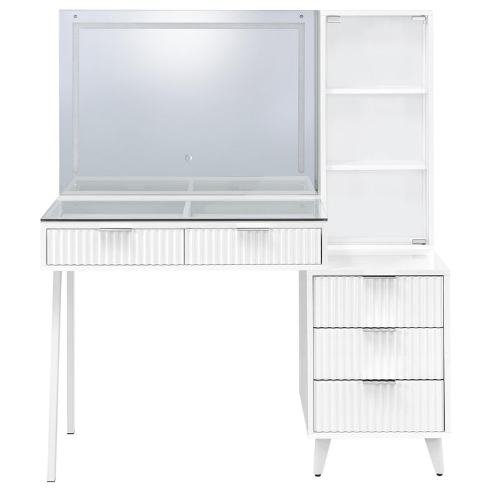 White high gloss Souza makeup vanity table with five drawers and LED mirror, stylish furniture from CoasterEveryday.