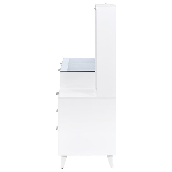White high gloss Souza makeup vanity table with five drawers and LED mirror, modern furniture piece with sleek design.