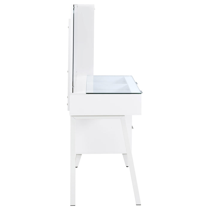 White high gloss Souza 5-drawer makeup vanity table with LED mirror and modern furniture design, by CoasterEveryday.