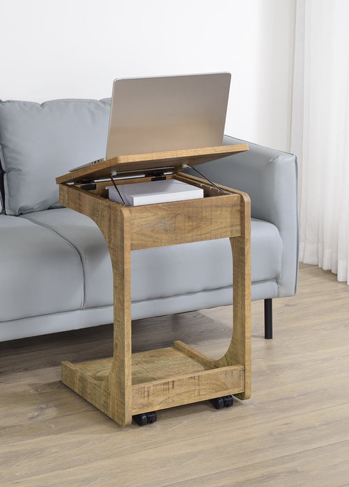 CoasterEveryday Ralston C-shaped lift-top sofa side table with casters in mango finish