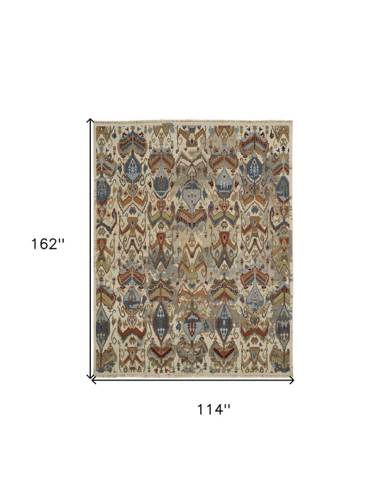 9' x 13' Wool Ikat Hand Knotted Area Rug With Fringe - Ivory Blue And Brown