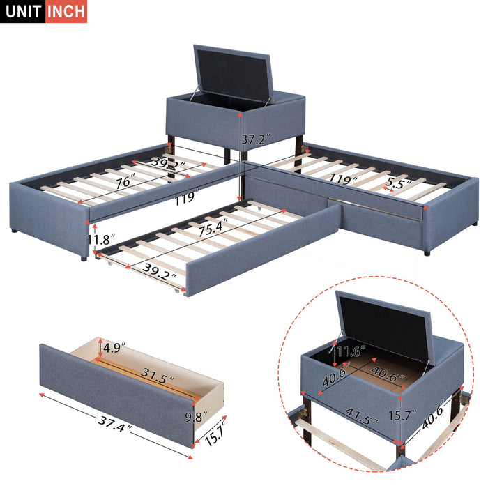Giga L-shaped upholstered platform bed with built-in desk, trundle, and two drawers in a modern bedroom setting.