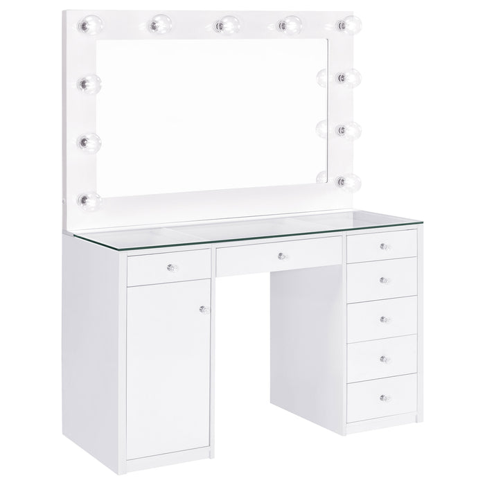 CoasterEssence Acena white high-gloss 7-drawer vanity set with built-in lighting