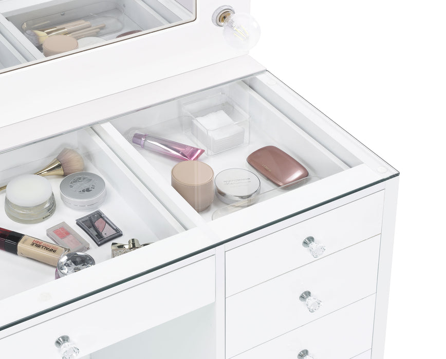 CoasterEssence Acena 7-drawer vanity set in white high gloss with integrated lighting
