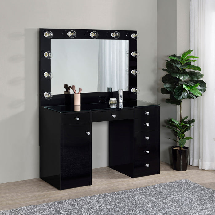 Black high gloss Acena 7-drawer vanity set with integrated lighting, featuring sleek furniture design and ample storage drawers.