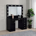 Black high gloss Acena 7-drawer vanity set with integrated lighting, featuring sleek furniture design and ample storage drawers.