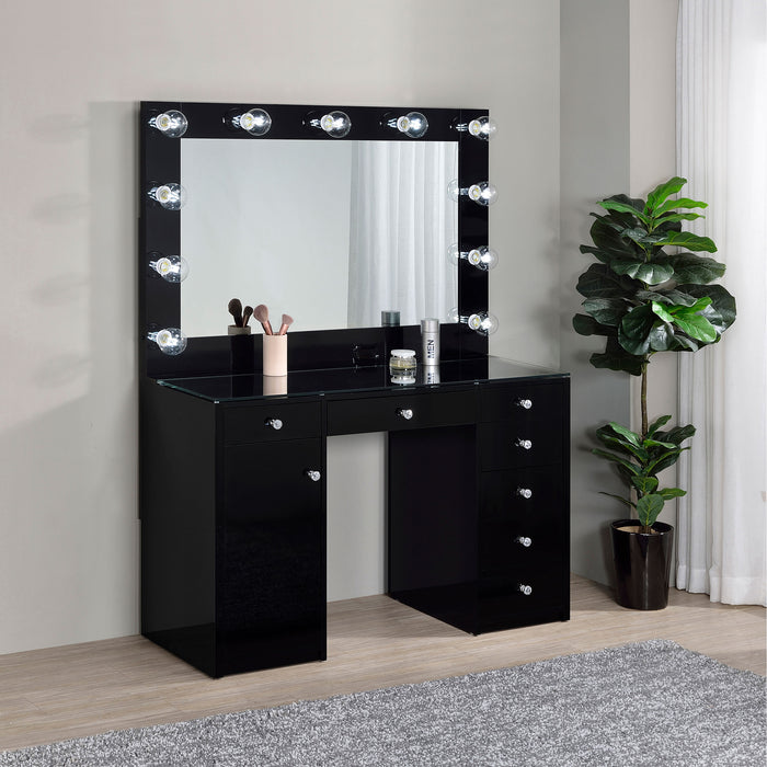 Black Acena 7-drawer vanity set with built-in lighting, featuring a high gloss finish and modern furniture design.