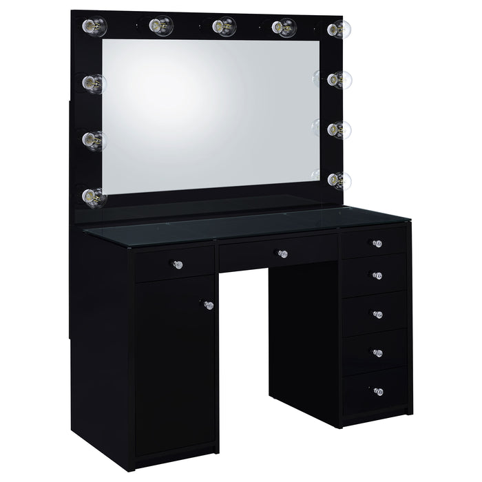 Black Acena 7-drawer vanity set with lighting, featuring high gloss finish and modern furniture design.