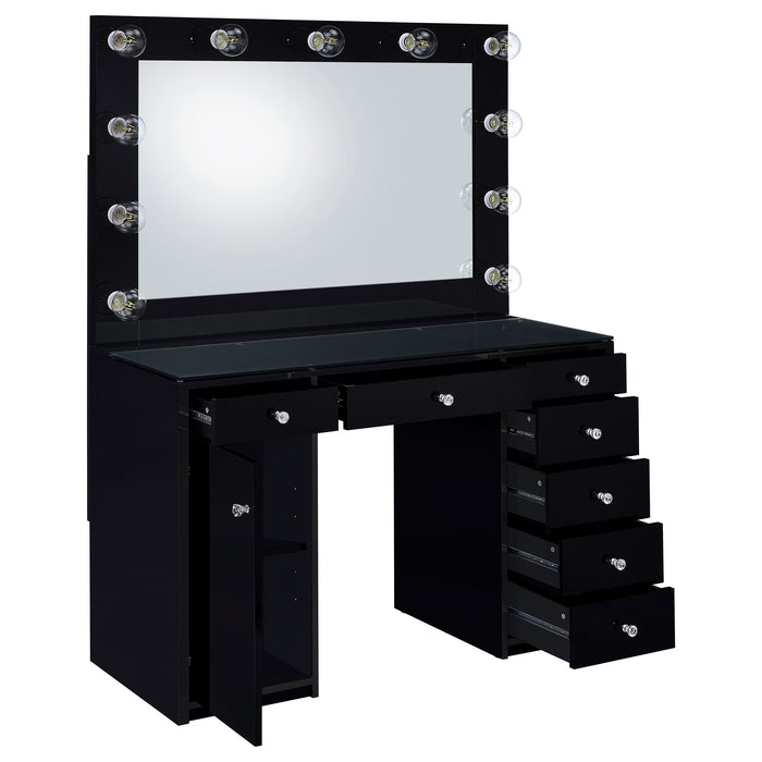 Black high gloss Acena 7-drawer vanity set with built-in lighting, featuring sleek furniture design and ample storage space.