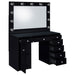 Black high gloss Acena 7-drawer vanity set with built-in lighting, featuring sleek furniture design and ample storage space.
