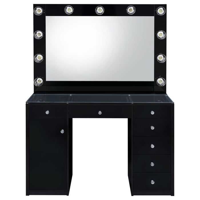 Black Acena 7-drawer vanity set with built-in lighting, featuring a high gloss finish and modern furniture design.