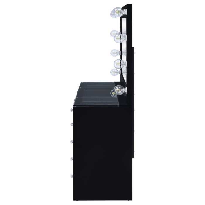 Black high gloss Acena 7-drawer vanity set with built-in lighting, featuring a sleek furniture design and modern style.
