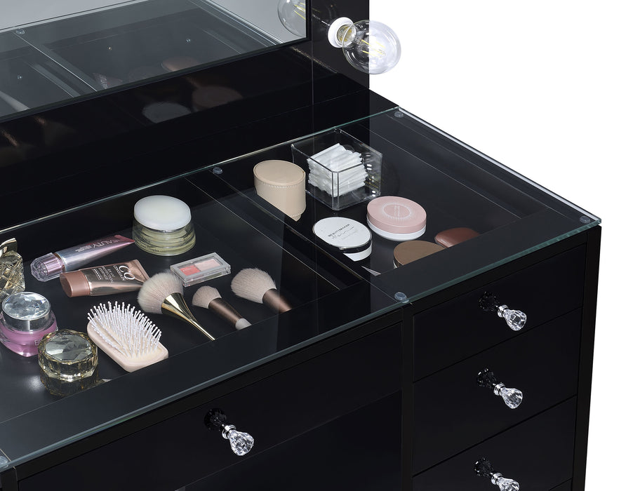 Black high gloss Acena 7-drawer vanity set with integrated lighting, featuring sleek furniture design and ample storage drawers.
