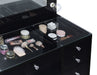 Black high gloss Acena 7-drawer vanity set with integrated lighting, featuring sleek furniture design and ample storage drawers.