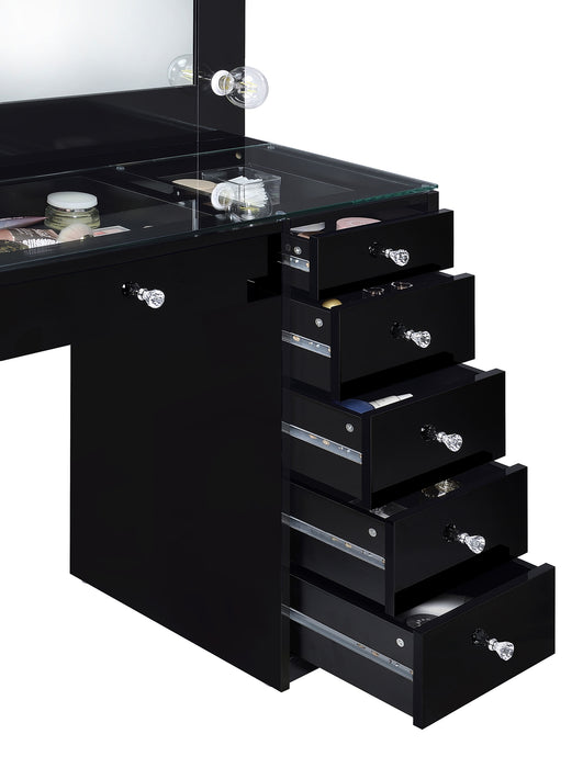 CoasterEveryday Acena 7-drawer black high gloss vanity set with integrated lighting and sleek modern furniture design.