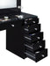 CoasterEveryday Acena 7-drawer black high gloss vanity set with integrated lighting and sleek modern furniture design.