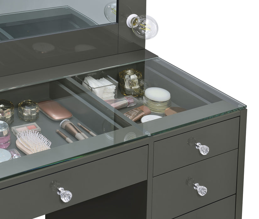 CoasterEveryday Acena 7-drawer vanity set with built-in lighting, grey high gloss finish, modern furniture for bedroom storage and style.