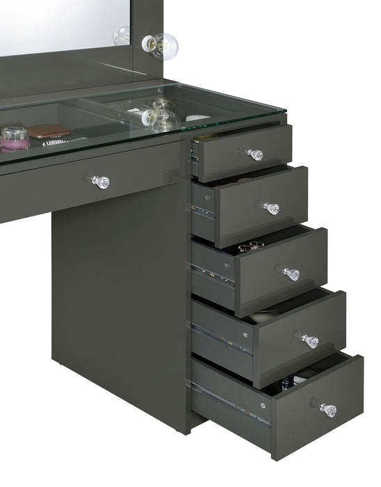 Grey high gloss Acena 7-drawer vanity set with integrated lighting, modern furniture by CoasterEveryday.
