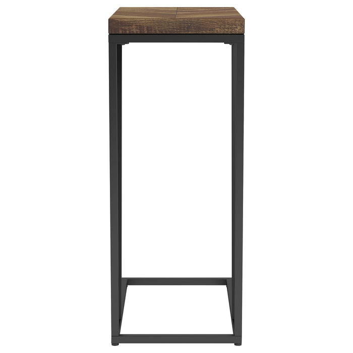 Sergio CoasterEveryday rustic tobacco engineered wood C-shaped side table beside a sofa