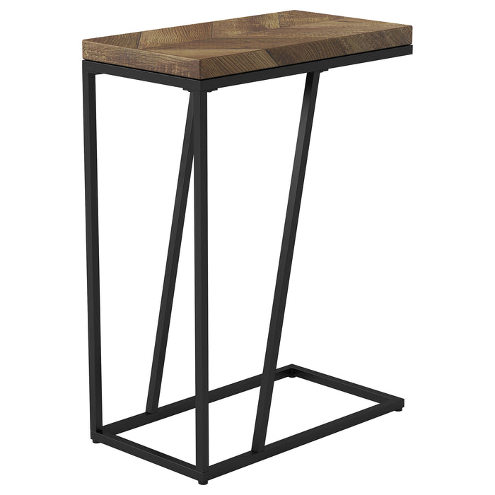 CoasterEveryday Sergio rustic tobacco engineered wood C-shaped side table beside a sofa