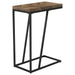 CoasterEveryday Sergio rustic tobacco engineered wood C-shaped side table beside a sofa