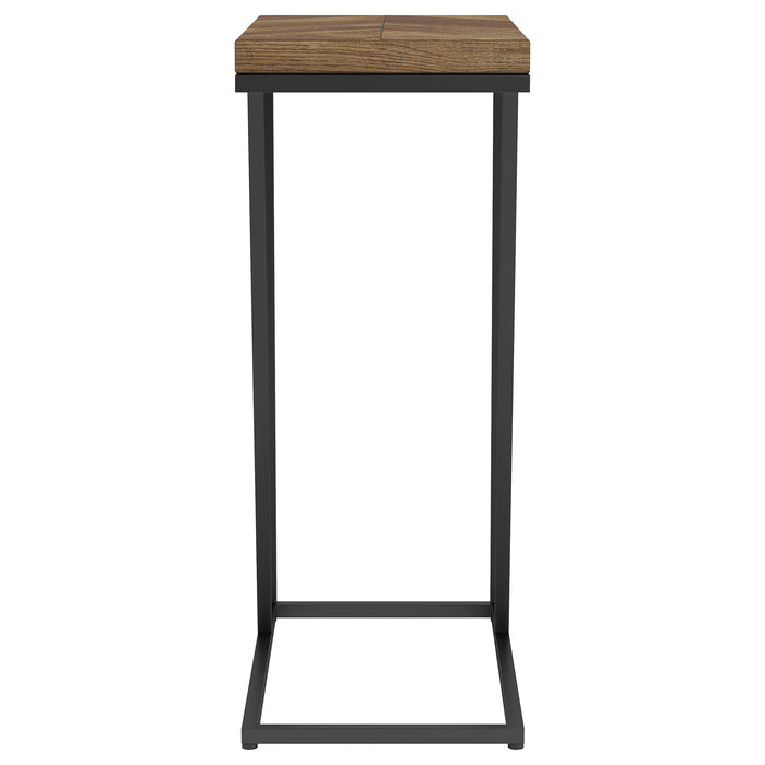 Sergio CoasterEveryday rustic tobacco engineered wood C-shaped side table beside a sofa