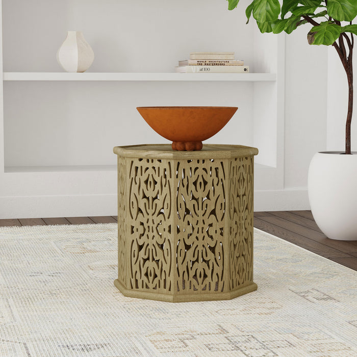 CoasterEveryday Torres octagonal solid mango wood side table in natural brown with a stylish geometric design for living room decor.