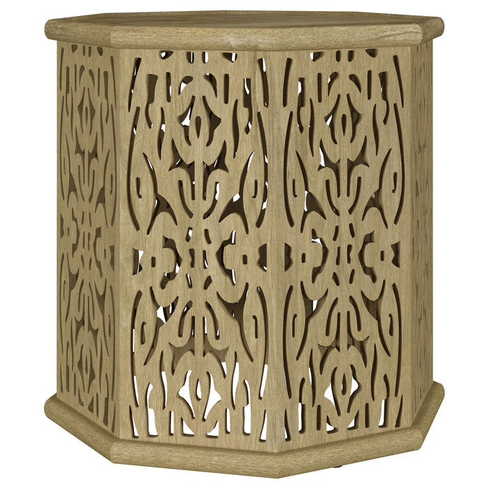 CoasterEveryday Torres octagonal solid mango wood side table in natural brown with a stylish geometric design.