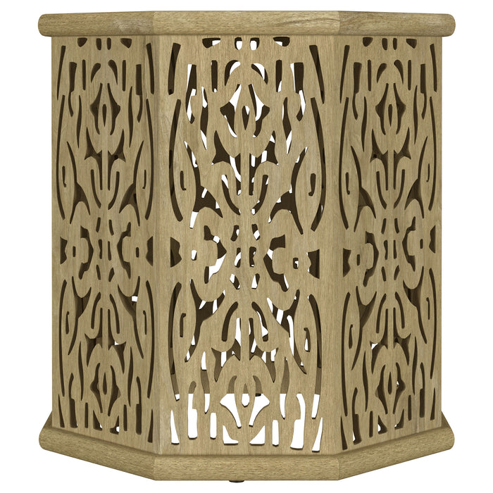 Octagonal solid mango wood side table in natural brown, featuring a sturdy design and smooth finish, by CoasterEveryday.
