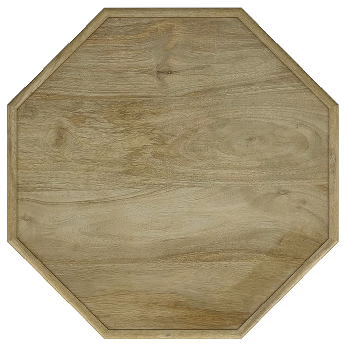 CoasterEveryday Torres octagonal solid mango wood side table in natural brown with a modern, geometric design for living room decor.