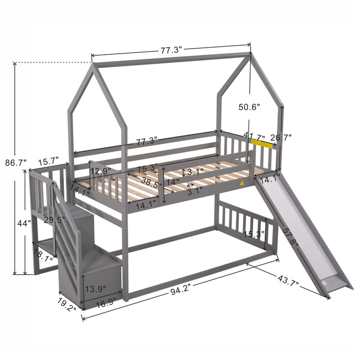 Giga twin over twin house bunk bed with built-in slide, staircase with storage, ideal for kids' bedrooms