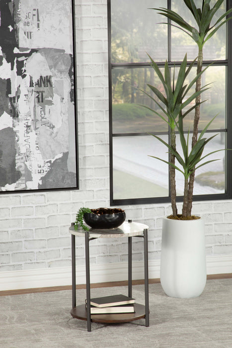 CoasterEssence Noemie round accent side table with white marble top and gunmetal base