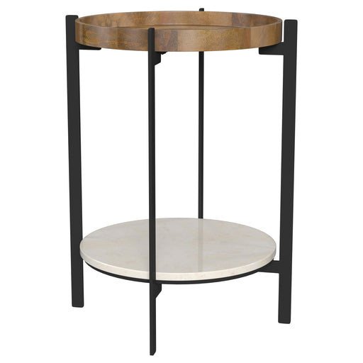 CoasterEssence Adhvik round end side table with marble shelf and natural wood, black frame