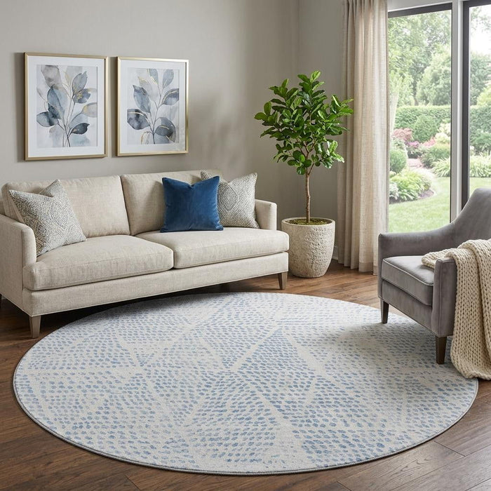 8' Diamond Washable Round Rug With UV Protection (650563) - Denim Blue / Ivory