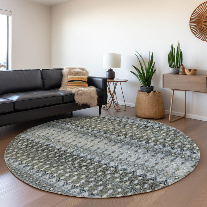 8' Tribal Washable Round Rug With UV Protection - Midnight And Gray