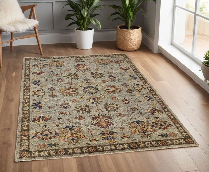 4' x 6' Wool Floral Hand Knotted Stain Resistant Area Rug With Fringe - Gray Gold And Red