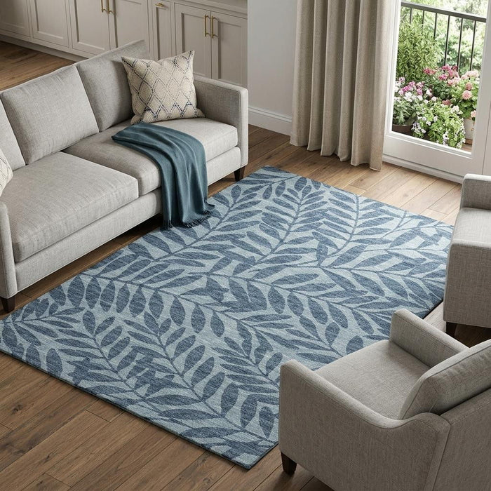 10' X 14' Botanical Leaves Washable Area Rug With UV Protection (644868) - Blue / Ivory