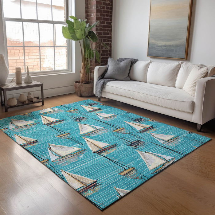 10' X 14' Nautical Washable Area Rug With UV Protection - Teal Blue