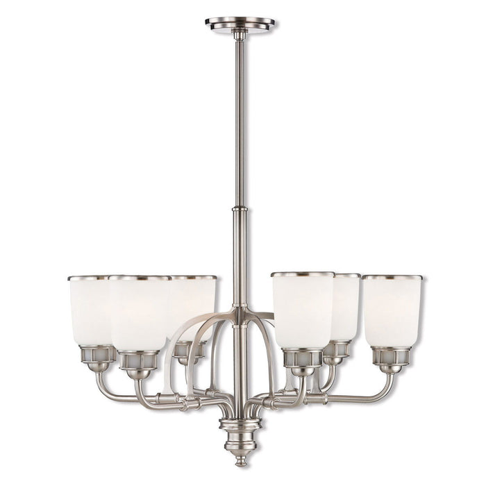 Six Light Metal Dimmable Chandelier With Shades - Nickel / Opal