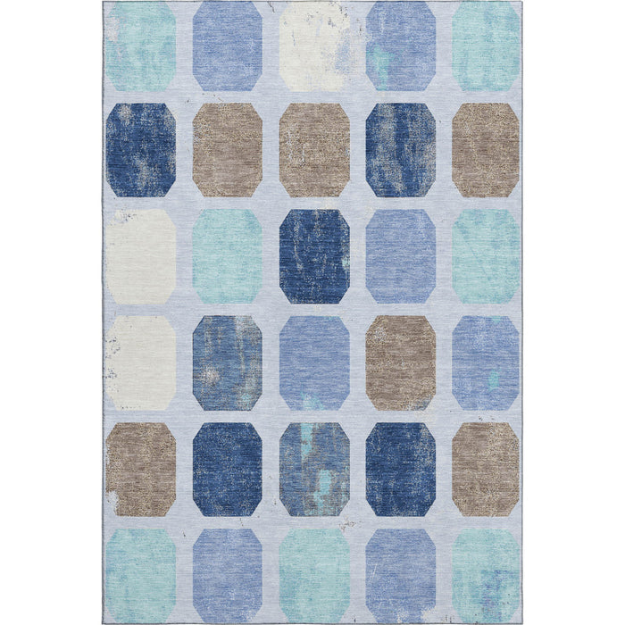 10' X 14' Geometric Washable Area Rug With UV Protection (709198) - Denim Blue / Brown / Teal