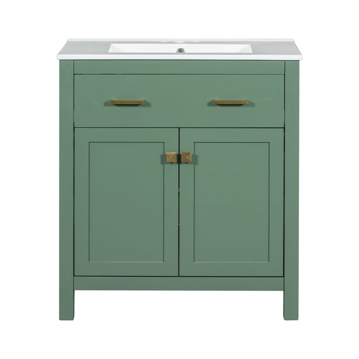 Modern Giga bathroom vanity with ceramic sink, two-door cabinet, shelf, and soft-close doors for sleek bathroom storage.