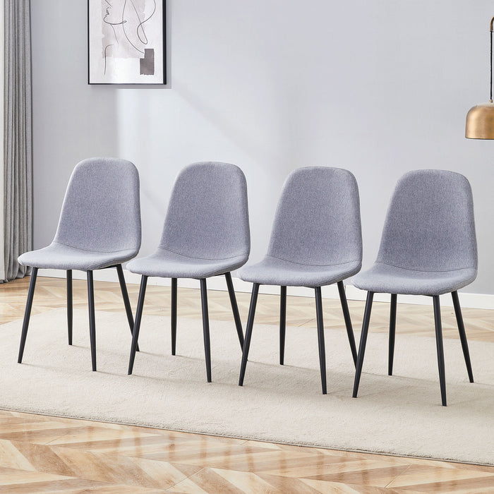 Set of four Giga luxury linen cotton dining chairs with black metal legs in light gray, featuring a simple, modern design.