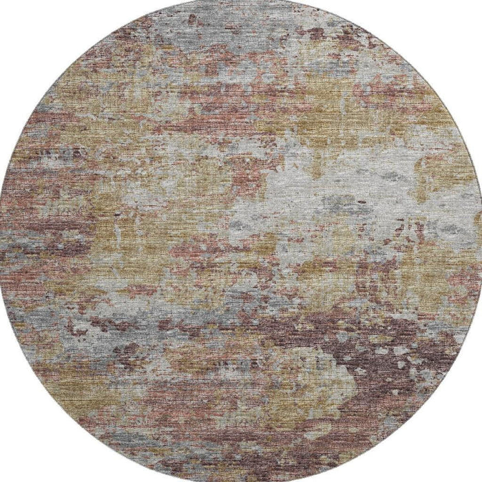 8' Mauve Abstract Washable Round Rug With UV Protection - Silver