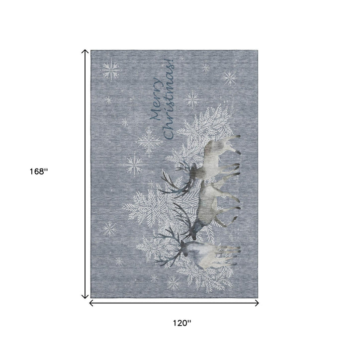 10' X 14' Christmas Deer Washable Area Rug With UV Protection (646415) - Blue / Gray / Ivory