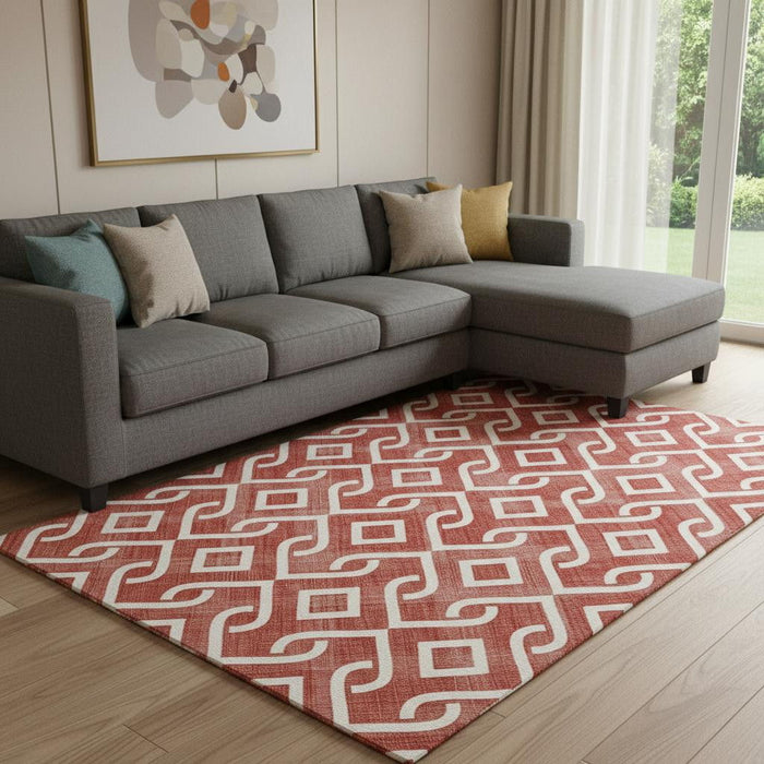 10' X 14' Geometric Washable Area Rug With UV Protection (652569) - Red / Ivory